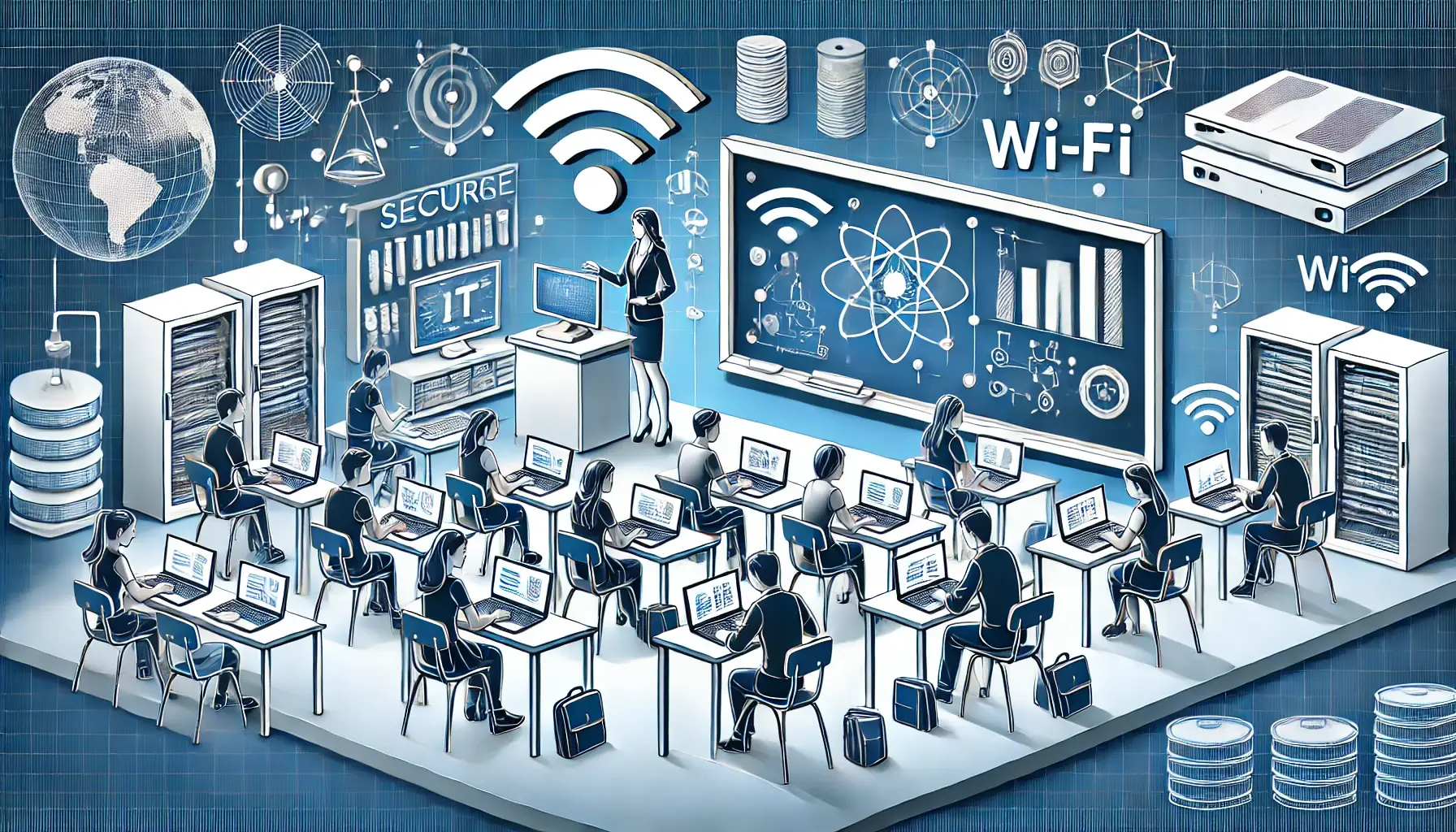 An illustration of a modern school environment with a focus on technology integration. The scene features a well-equipped computer lab with students working on laptops, a teacher using an interactive smartboard, and symbols representing secure IT infrastructure such as servers and Wi-Fi. The setting reflects a vibrant and professional educational atmosphere, emphasizing the role of advanced technology in enhancing learning experiences.