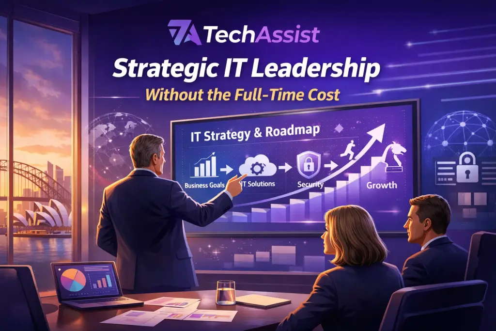 Virtual CIO presenting IT strategy roadmap to Melbourne business leaders, aligning technology, cybersecurity and growth for Australian organisations