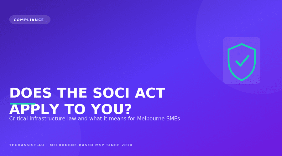 Illustration of Australian critical infrastructure sectors connected by a supply chain to a small business, representing SOCI Act obligations