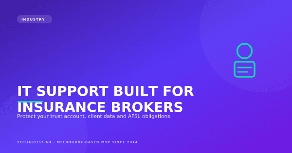 Melbourne insurance broker reviewing policy documents on a secured laptop with broking platform open