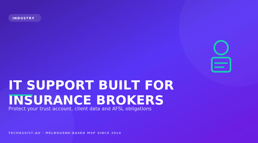 Melbourne insurance broker reviewing policy documents on a secured laptop with broking platform open