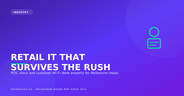 Melbourne retail counter with a cloud point-of-sale tablet and integrated EFTPOS terminal taking a card payment