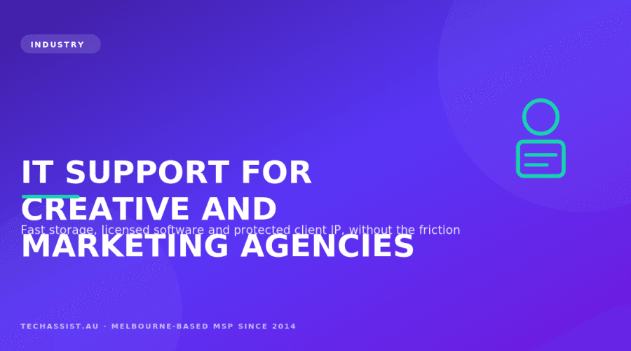 Designer editing 4K video and design files on a colour-accurate Mac connected to fast shared storage in a Melbourne creative agency
