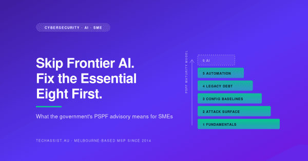 PSPF six-step maturity staircase showing fundamentals as the wide base and AI as a small dashed step at the top