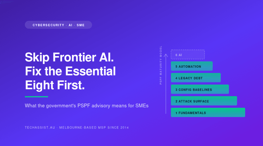 PSPF six-step maturity staircase showing fundamentals as the wide base and AI as a small dashed step at the top