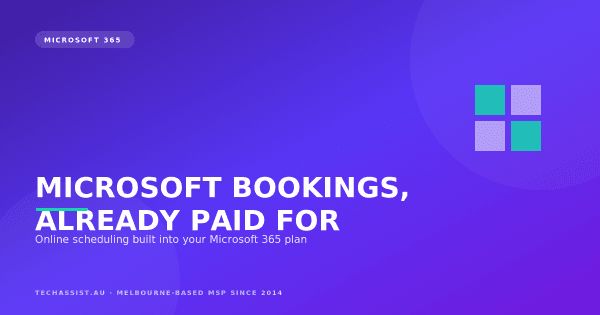 Microsoft Bookings online scheduling concept showing a booking page, staff calendar and Teams meeting integration for a Melbourne business