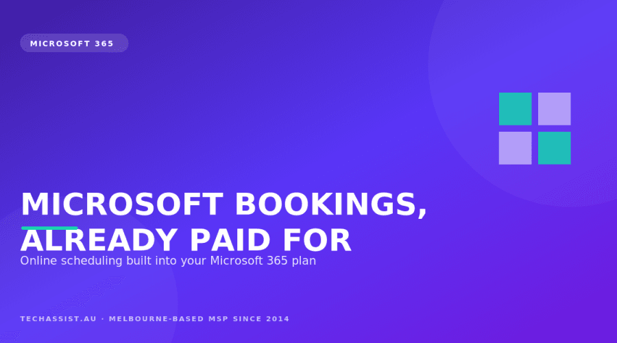 Microsoft Bookings online scheduling concept showing a booking page, staff calendar and Teams meeting integration for a Melbourne business