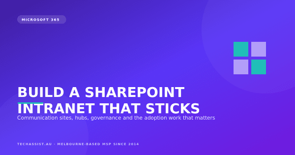 A SharePoint Online intranet home page on a laptop showing news, document libraries and a staff directory