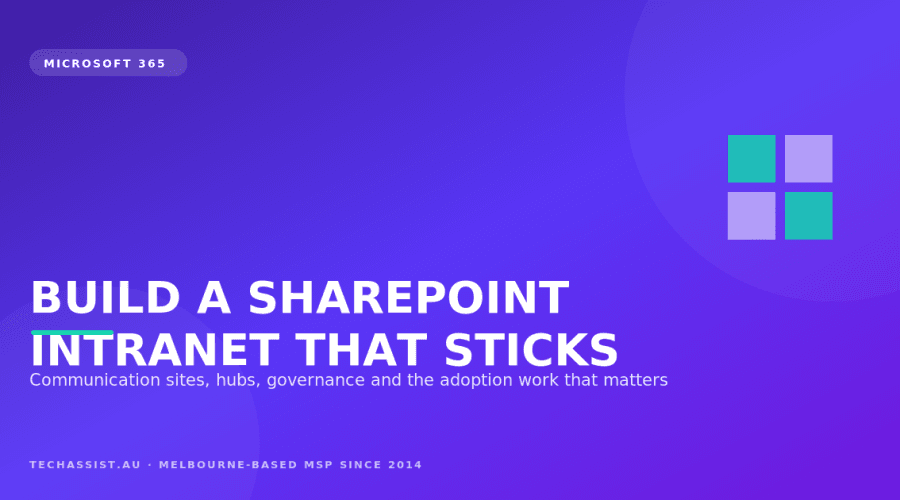 A SharePoint Online intranet home page on a laptop showing news, document libraries and a staff directory
