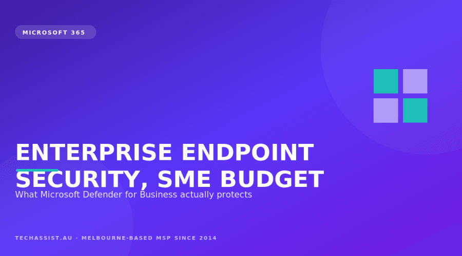 Microsoft Defender for Business dashboard showing EDR alerts and vulnerability management across Windows, macOS and mobile endpoints for a Melbourne SME