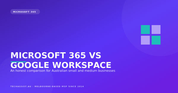 Comparison graphic weighing Microsoft 365 against Google Workspace for Australian SMEs