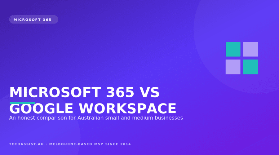 Comparison graphic weighing Microsoft 365 against Google Workspace for Australian SMEs