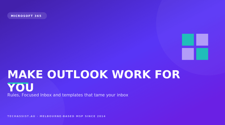 Organised Outlook inbox showing rules, folders and Focused Inbox tabs on a Microsoft 365 mailbox