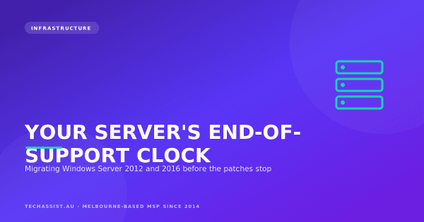 Windows Server 2012 R2 and 2016 end-of-support timeline with migration paths to Windows Server 2022, Azure and SaaS for a Melbourne business