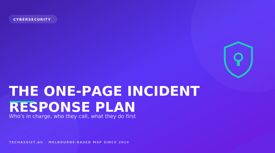 A one-page incident response plan showing roles, severity levels, first-30-minutes actions and a call tree for a Melbourne SME