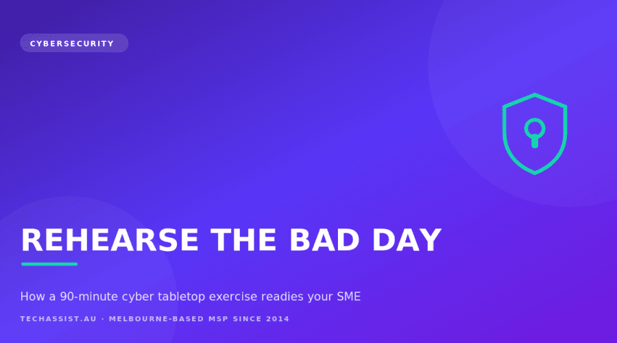 Illustration of a small business team gathered around a meeting table working through a cyber incident scenario on a whiteboard, with a facilitator presenting injects and complications