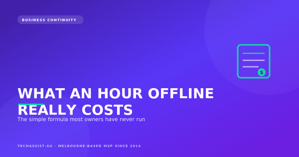 Calculator and ledger showing the cost of IT downtime for a Melbourne small business broken down by lost productivity, revenue and recovery