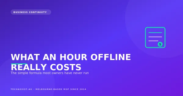 Calculator and ledger showing the cost of IT downtime for a Melbourne small business broken down by lost productivity, revenue and recovery