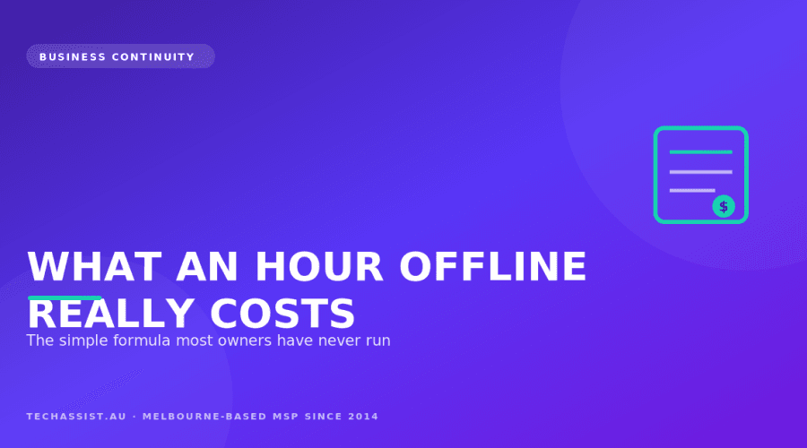 Calculator and ledger showing the cost of IT downtime for a Melbourne small business broken down by lost productivity, revenue and recovery