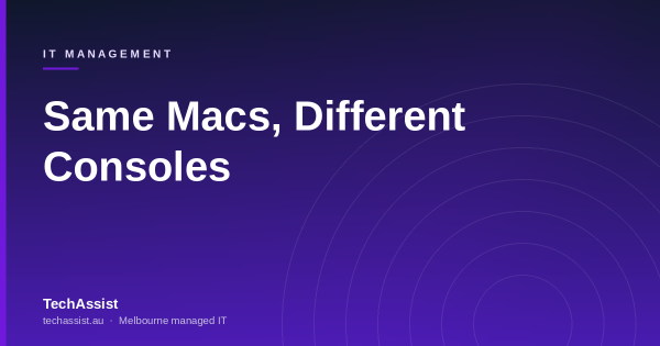 Two management consoles displayed side by side on a monitor showing macOS device inventories