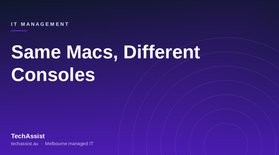 Two management consoles displayed side by side on a monitor showing macOS device inventories