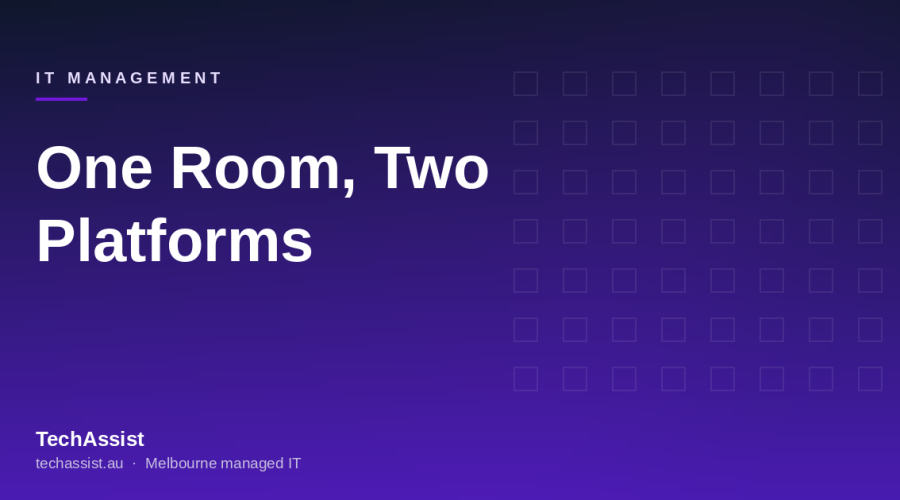 A boardroom with a video bar under a wall-mounted screen and a touch console on the table